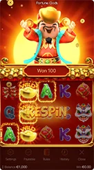 Fortune Gods · Identifikasi kisi gulungan 5x3 beserta simbol Wild, ikon huruf, dan teks Respin yang menyala.